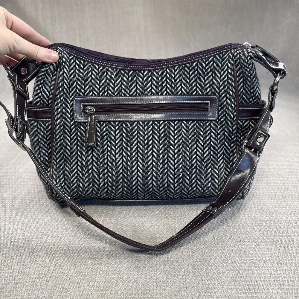 Vtg 90s Apt 9 Herringbone Shoulder Bag with Leather Trim Pockets Purse Handbag